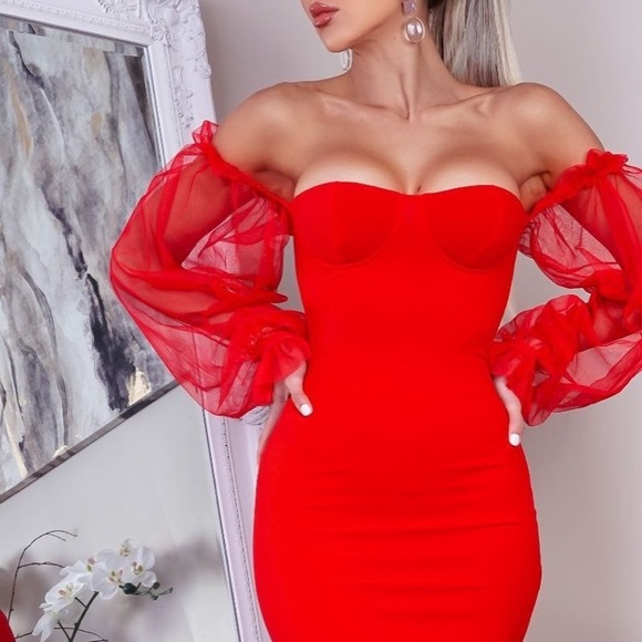 RED SHEER SLEEVE MINI BODYCON DRESS - Picture 11 of 16